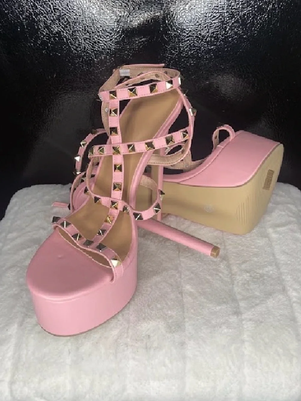 Pink Studded Strappy Platform Heels